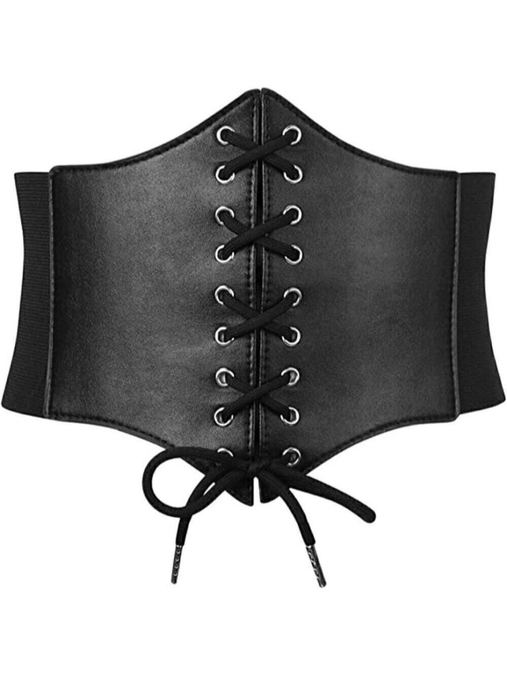 BLACK Leather Elastic Wide Stretch Belt Corset Top Halloween Cosplay Costume NWT